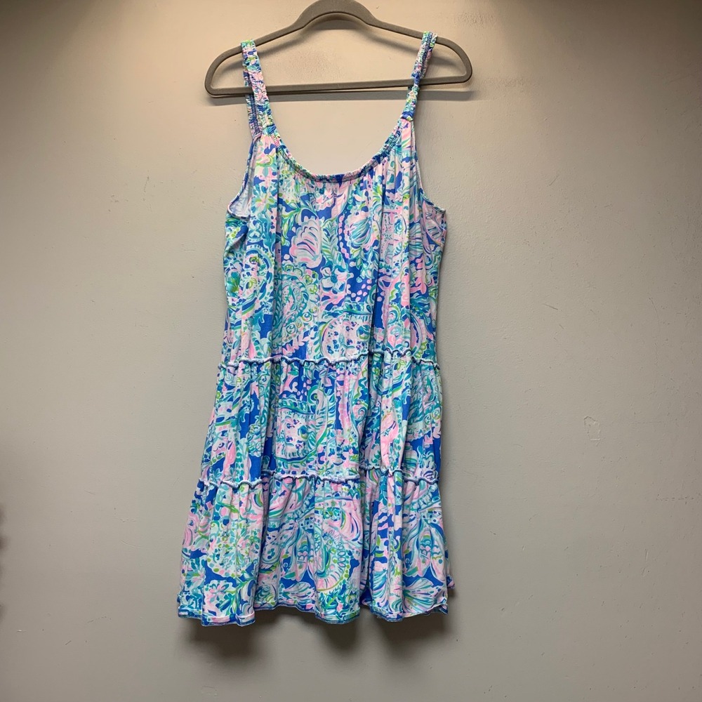 Lilly Pulitzer Sun Dress Women XXL Blue Pink Excellent Tiered Cotton Paisley